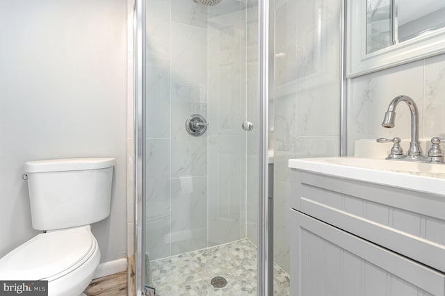 bathroom with vanity, a shower stall, and toilet