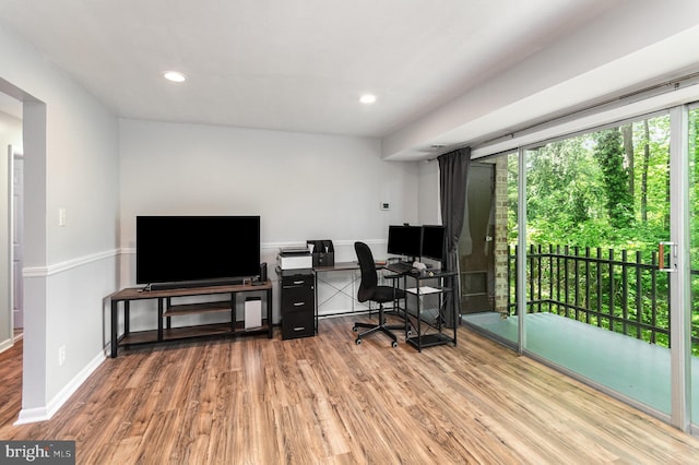 home office with baseboards, recessed lighting, and wood finished floors