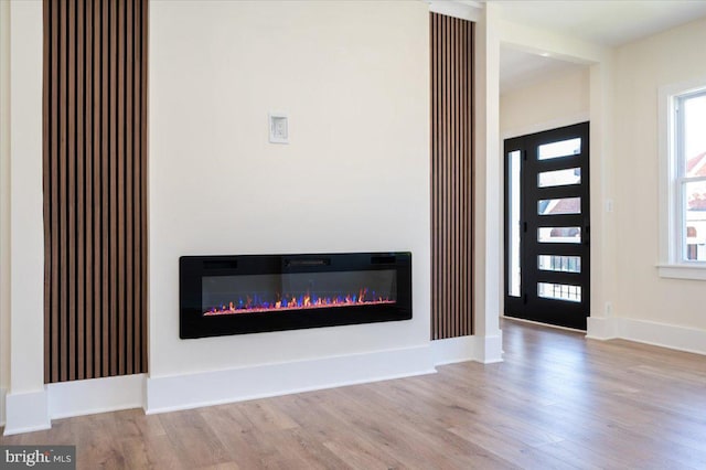 interior space with a glass covered fireplace and wood finished floors