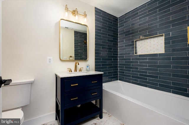 full bath featuring vanity, toilet, marble finish floor, shower / washtub combination, and visible vents