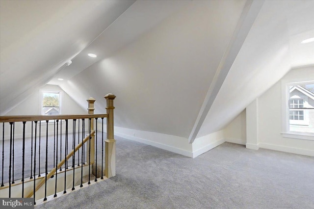 bonus room with baseboards, carpet, recessed lighting, and lofted ceiling