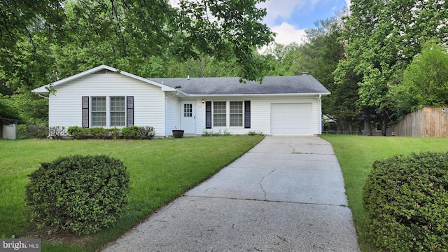 single story home with concrete driveway, an attached garage, and roof with shingles