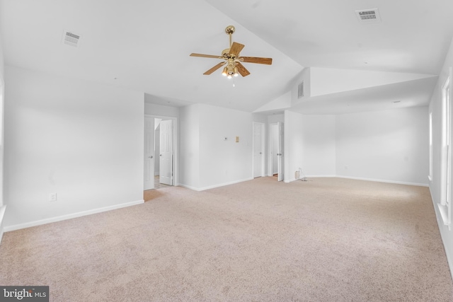 601 James Ridge Rd, Bowie, MD 20721 - unfurnished living room featuring light colored carpet, a ceiling fan, high vaulted ceiling, and baseboards
