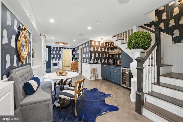 624 14th St NE, Washington, DC 20002 - dining area with a dry bar, crown molding, stairway, wallpapered walls, and recessed lighting