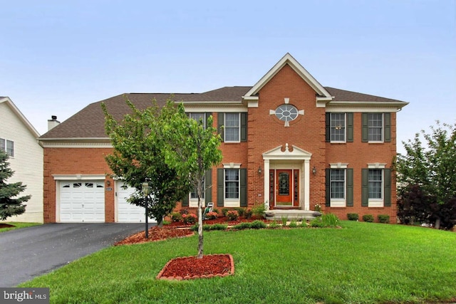 colonial-style house with brick siding, a garage, a front yard, and aphalt driveway