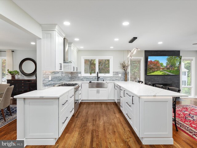 kitchen featuring stainless steel appliances, a peninsula, a sink, wall chimney exhaust hood, and decorative backsplash
