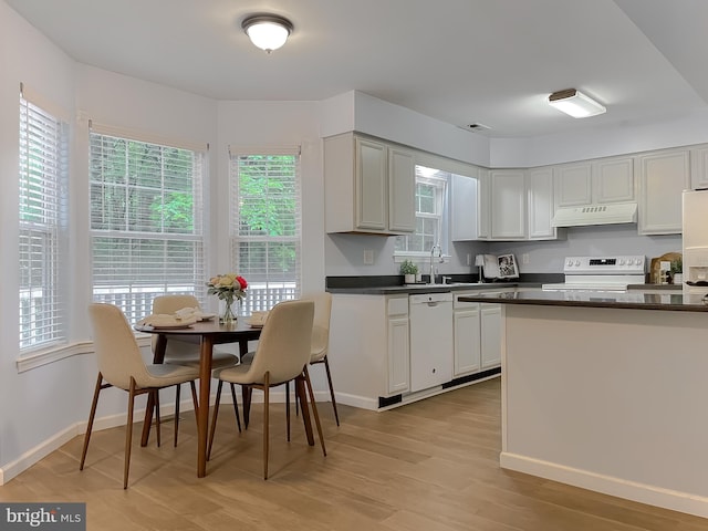 411 N Ln, Prince Frederick, MD 20678 - kitchen with white appliances, under cabinet range hood, dark countertops, light wood-type flooring, and baseboards