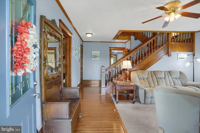 2050 Legion Rd, Clearfield, PA 16830 - living room with crown molding, ceiling fan, and stairway