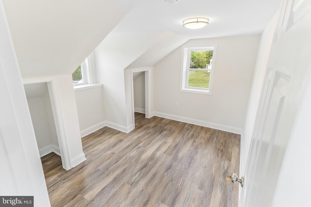 additional living space featuring lofted ceiling, baseboards, a healthy amount of sunlight, and wood finished floors