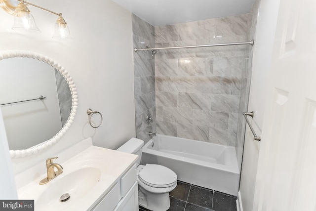 bathroom featuring toilet, bathing tub / shower combination, tile patterned flooring, and vanity