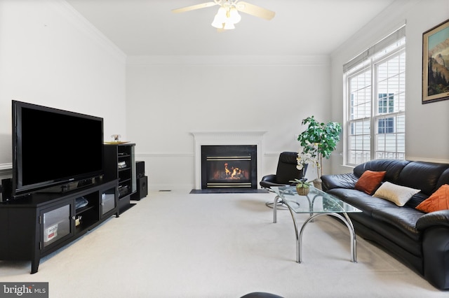 11404 Ramsburg Ct, North Potomac, MD 20878 - carpeted living area featuring ceiling fan, ornamental molding, and a fireplace with flush hearth