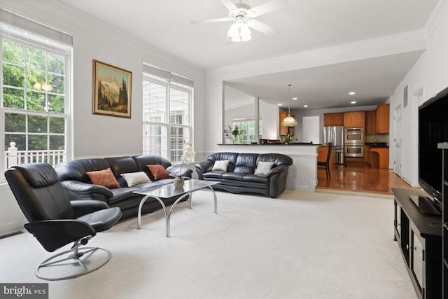 11404 Ramsburg Ct, North Potomac, MD 20878 - living room with ornamental molding, plenty of natural light, ceiling fan, and recessed lighting