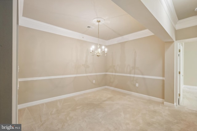 carpeted empty room with crown molding, baseboards, a chandelier, and visible vents