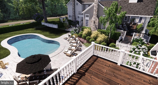 view of swimming pool featuring fence, stairs, a deck, a patio, and a yard