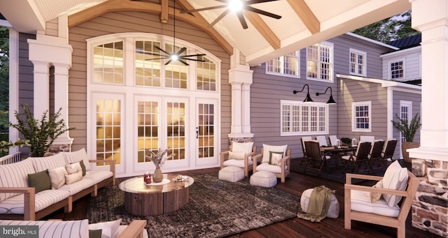 exterior space featuring outdoor dining area, a wooden deck, ceiling fan, and an outdoor living space