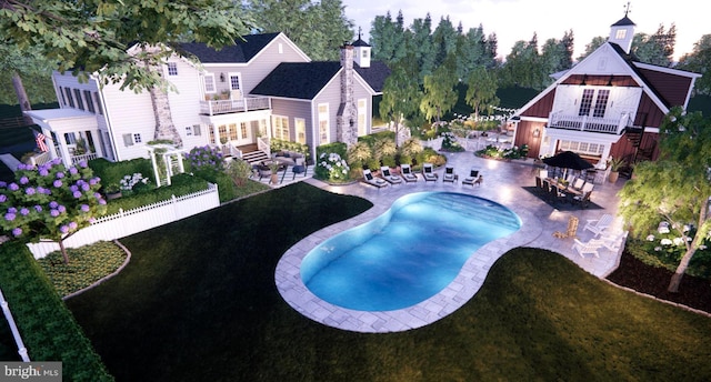 view of pool featuring fence, a patio, a fenced in pool, a yard, and stairway