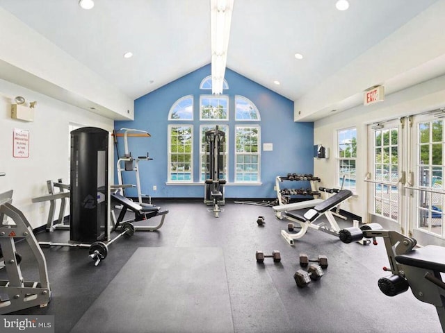 493 Stoneglen St, Collegeville, PA 19426 - gym featuring recessed lighting, high vaulted ceiling, and french doors