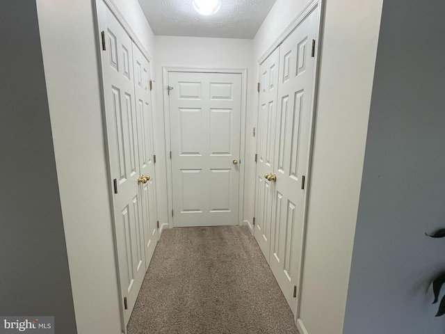corridor featuring carpet floors and a textured ceiling