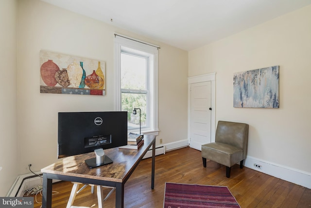 office featuring wood-type flooring, baseboards, and baseboard heating