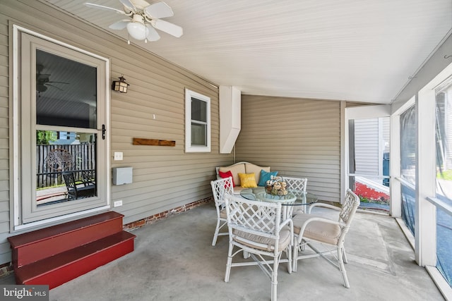 exterior space with entry steps and ceiling fan