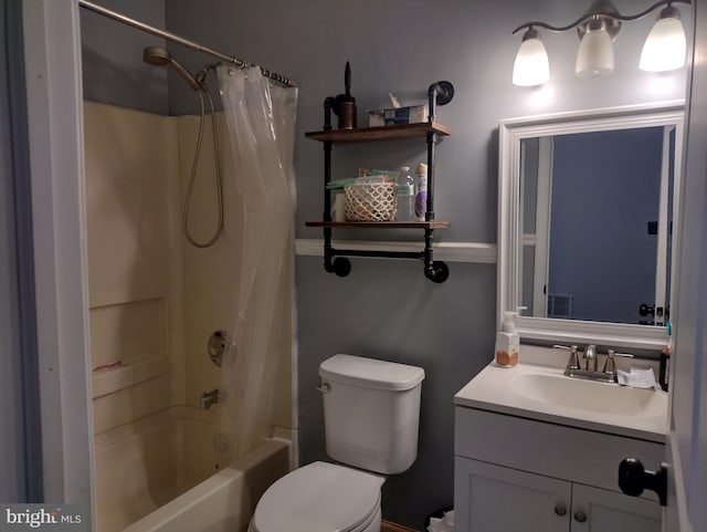 bathroom featuring toilet, visible vents, shower / bathtub combination with curtain, and vanity