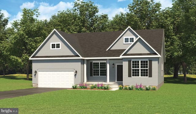 craftsman-style home featuring a garage, driveway, a shingled roof, and a front lawn