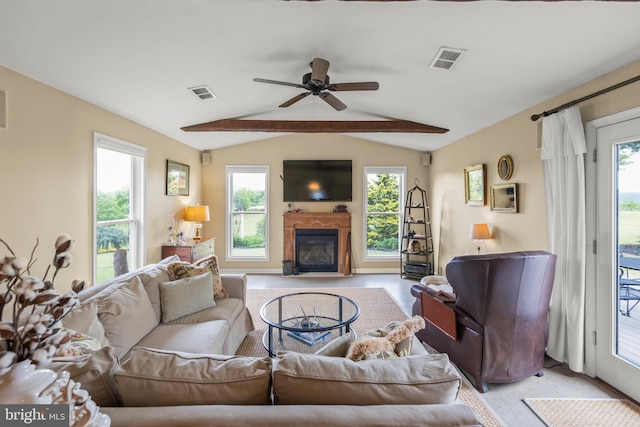 111 Heron Ln, Augusta, WV 26704 - living area featuring a glass covered fireplace and ceiling fan