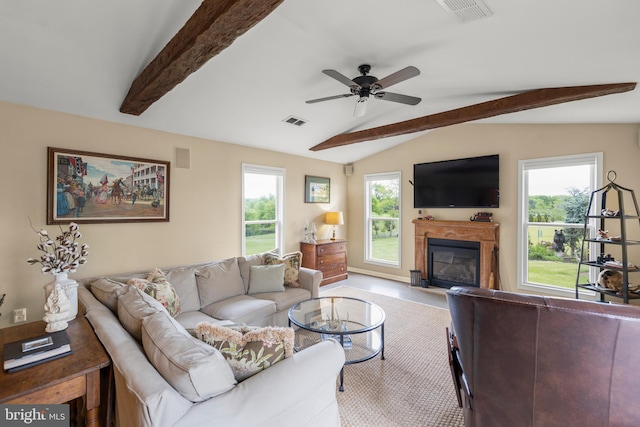 111 Heron Ln, Augusta, WV 26704 - living area featuring a fireplace with flush hearth and ceiling fan