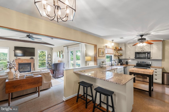111 Heron Ln, Augusta, WV 26704 - kitchen featuring black microwave, electric stove, a peninsula, ceiling fan, and plenty of natural light
