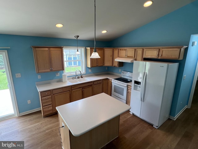 16722 Custer Ct, Williamsport, MD 21795 - kitchen with light countertops, wood finished floors, a sink, and white appliances