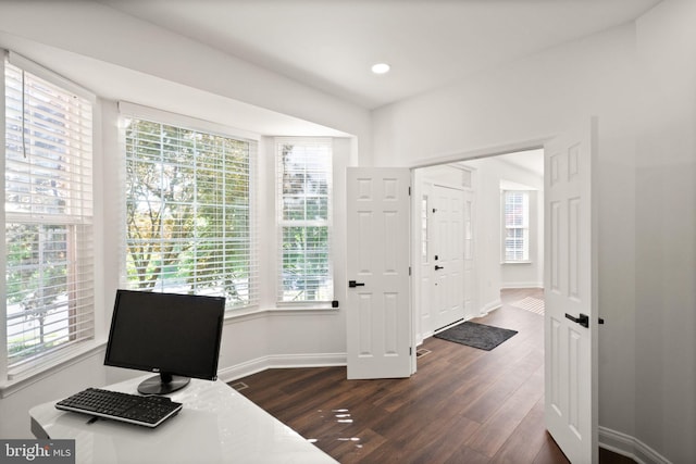 902 Santmyer Dr SE, Leesburg, VA 20175 - office with healthy amount of natural light, dark wood-style flooring, baseboards, and recessed lighting
