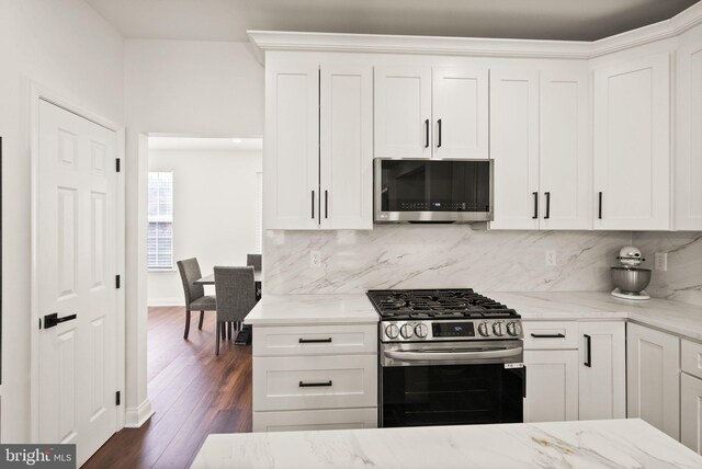 902 Santmyer Dr SE, Leesburg, VA 20175 - kitchen featuring stainless steel appliances, tasteful backsplash, light stone counters, and white cabinetry