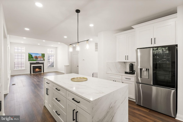 902 Santmyer Dr SE, Leesburg, VA 20175 - kitchen featuring stainless steel fridge, recessed lighting, dark wood finished floors, white cabinets, and a center island