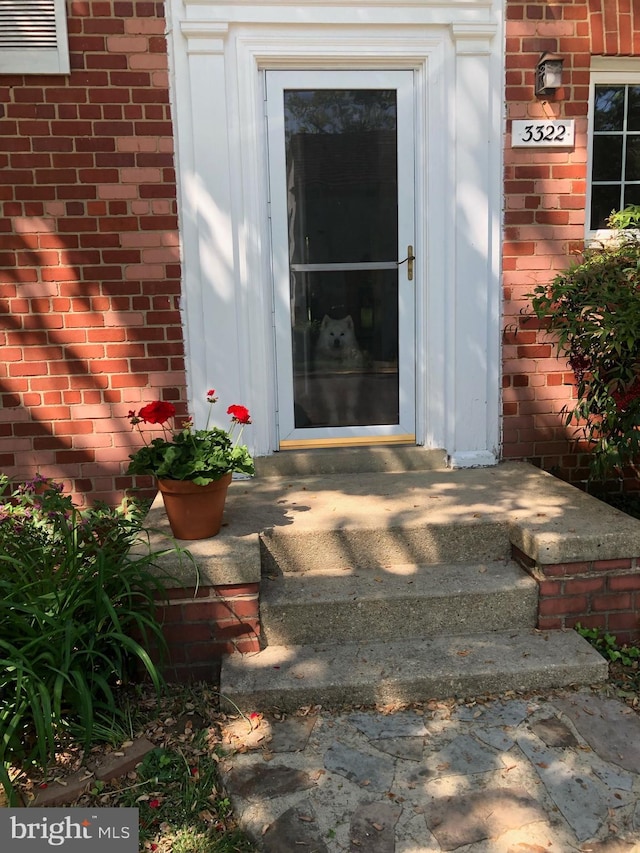 view of exterior entry featuring brick siding