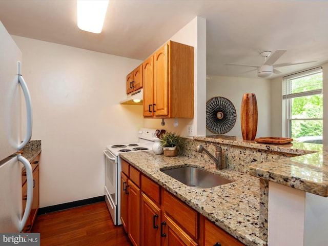 316 Burnside St Unit 101, Annapolis, MD 21403 - kitchen with white appliances, under cabinet range hood, dark wood-style floors, light stone counters, and ceiling fan