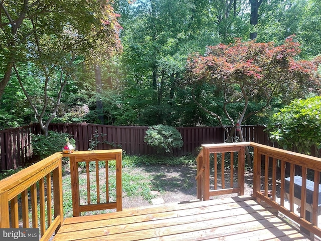 wooden deck with a fenced backyard