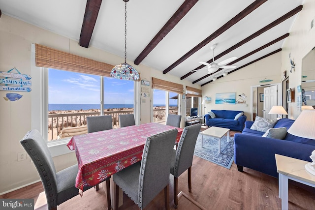 4505-4507 Ocean Blvd, Long Beach Township, NJ 08008 - dining room with a ceiling fan, wood finished floors, and lofted ceiling with beams
