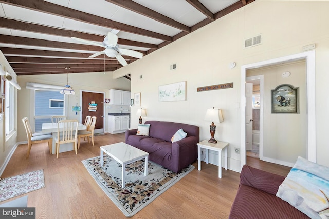 4505-4507 Ocean Blvd, Long Beach Township, NJ 08008 - living room featuring vaulted ceiling with beams, light wood-type flooring, visible vents, baseboards, and ceiling fan