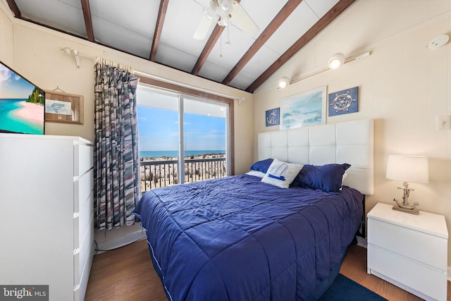 4505-4507 Ocean Blvd, Long Beach Township, NJ 08008 - bedroom featuring a water view, lofted ceiling with beams, wood finished floors, and access to exterior