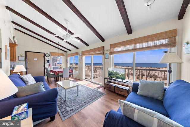 4505-4507 Ocean Blvd, Long Beach Township, NJ 08008 - living area featuring wood finished floors, a ceiling fan, and vaulted ceiling with beams