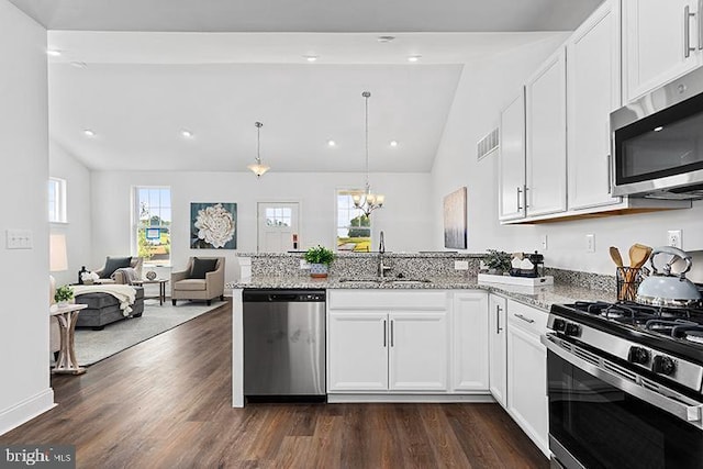 412 Dexter Dr Unit 137Ashton, Carriage, Middletown, DE 19709 - kitchen featuring stainless steel appliances, a sink, a peninsula, dark wood finished floors, and light stone countertops