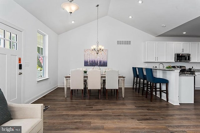 412 Dexter Dr Unit 137Ashton, Carriage, Middletown, DE 19709 - dining room with lofted ceiling, a chandelier, dark wood finished floors, recessed lighting, and baseboards