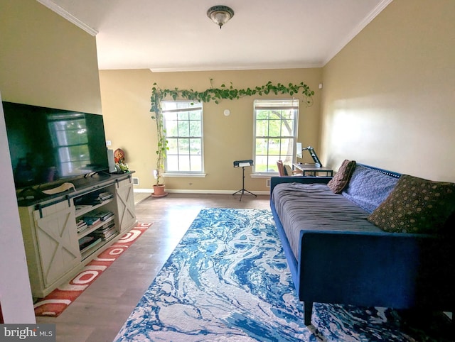 living area with crown molding, wood finished floors, and baseboards