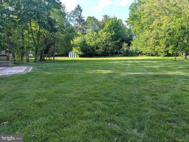 view of green lawn with a storage unit and an outdoor structure