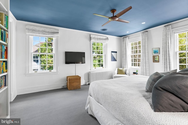 3101 Highland Pl NW, Washington, DC 20008 - carpeted bedroom featuring crown molding, baseboards, radiator heating unit, and multiple windows