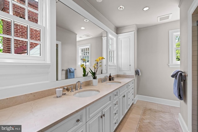 3101 Highland Pl NW, Washington, DC 20008 - full bath featuring recessed lighting, a sink, crown molding, and double vanity