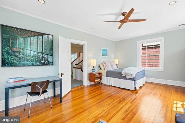 3101 Highland Pl NW, Washington, DC 20008 - bedroom featuring baseboards, ornamental molding, ceiling fan, and light wood-type flooring