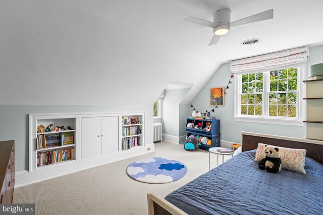 3101 Highland Pl NW, Washington, DC 20008 - carpeted bedroom with a ceiling fan, visible vents, vaulted ceiling, baseboards, and radiator