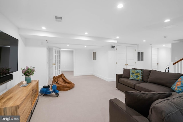 3101 Highland Pl NW, Washington, DC 20008 - carpeted living room featuring recessed lighting, visible vents, and stairway