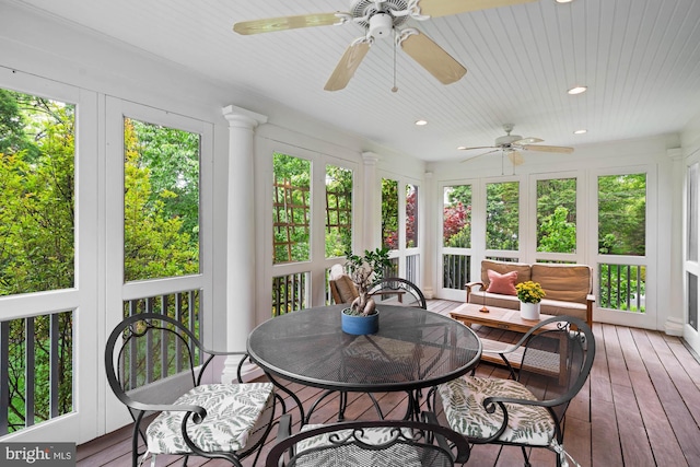 3101 Highland Pl NW, Washington, DC 20008 - sunroom featuring recessed lighting, ceiling fan, a wooden deck, and hardwood / wood-style flooring